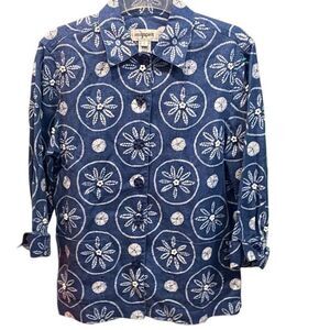 EASYSPIRIT Women’s Linen Button Up Short Sleeve  Shirt Sz Small Blue Beach